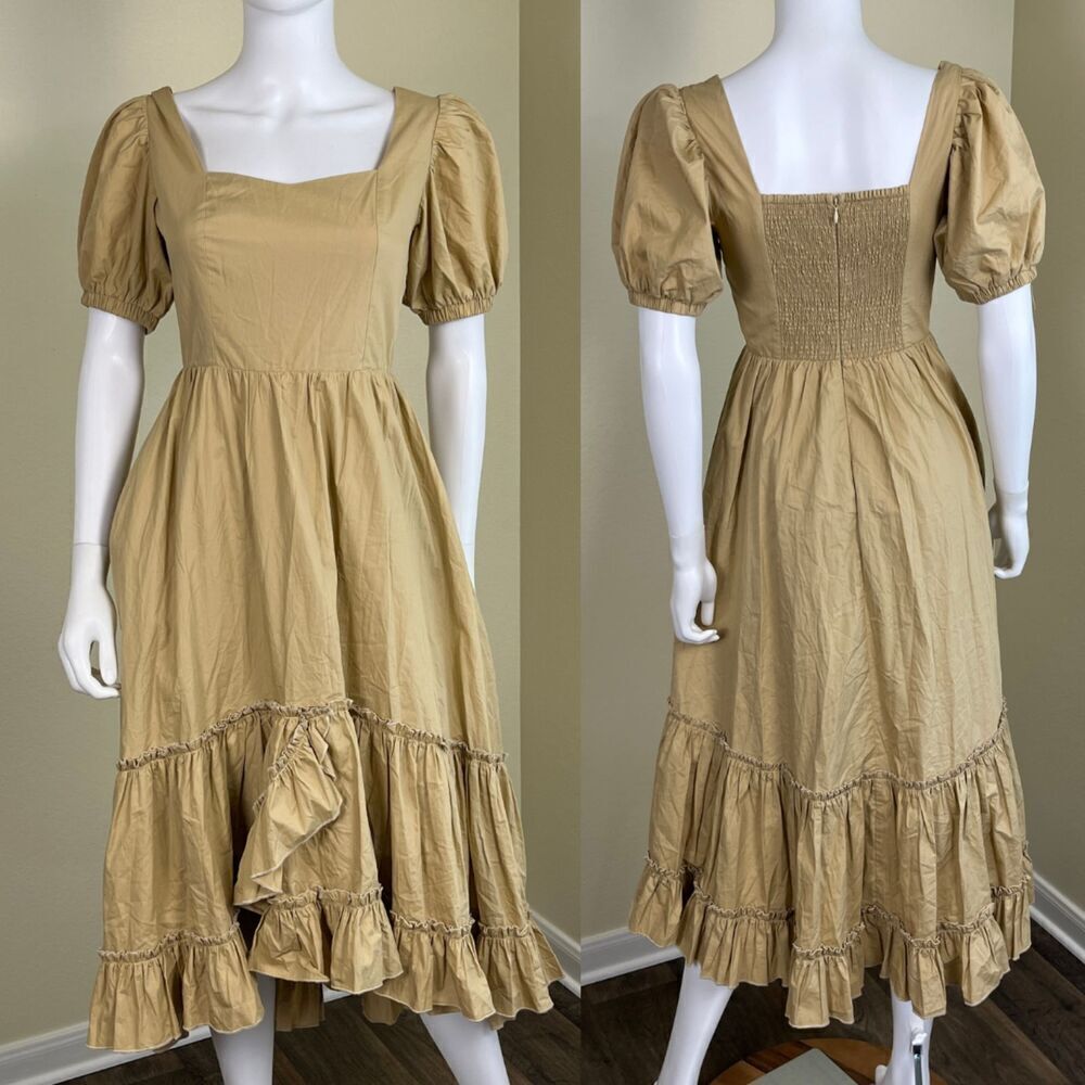 English Factory Womens Size XS Khaki Cotton Puff Sleeve Tiered Ruffle Midi Dress